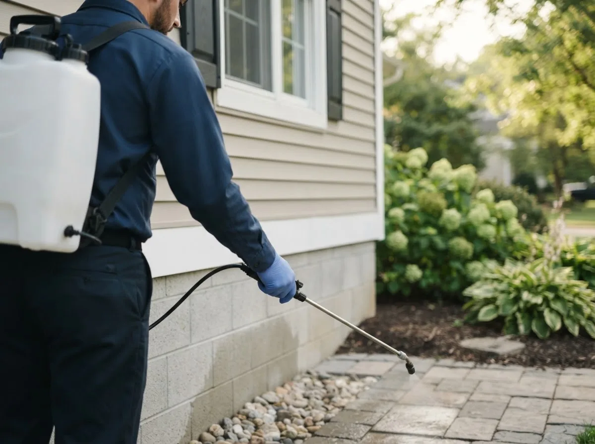 Pest control technician inspecting a home in Nachusa, IL